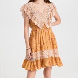 🆕Bytimo Cotton Slub V Neck Orange Floral Yellow Dress with Lace Details size XXS